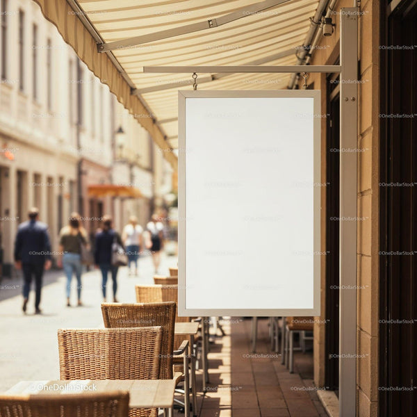 Blank Signboard Outside Cozy Street Cafe Seating Area JPG Mockup Image