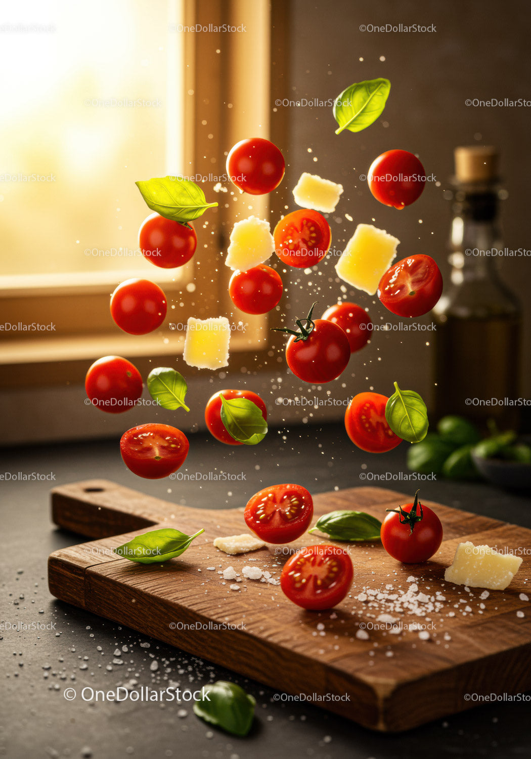 Fresh ingredients floating over wooden cutting board