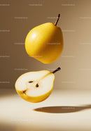 Floating Yellow Pear with Fresh Half Slice on Beige