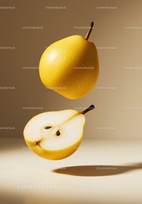 Floating Yellow Pear with Fresh Half Slice on Beige