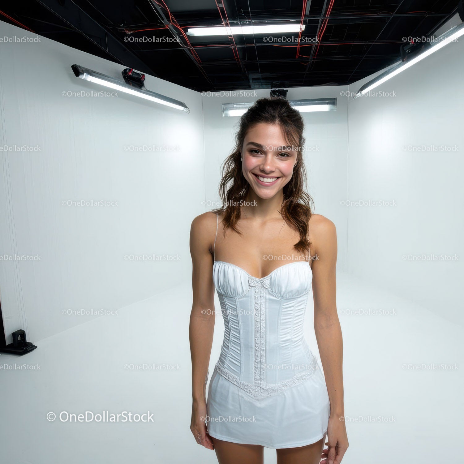 Young Woman in White Dress Standing in Photography Studio