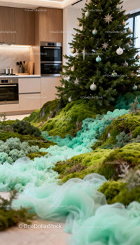 Modern kitchen with decorated Christmas tree and moss display