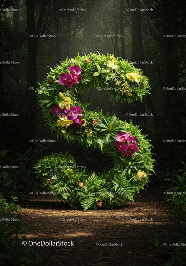 Kwiatowa cyfra pięć z orchideami i paprociami