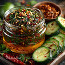 Vibrant Spicy Cucumber Kimchi in Glass Jar with Fresh Vegetables