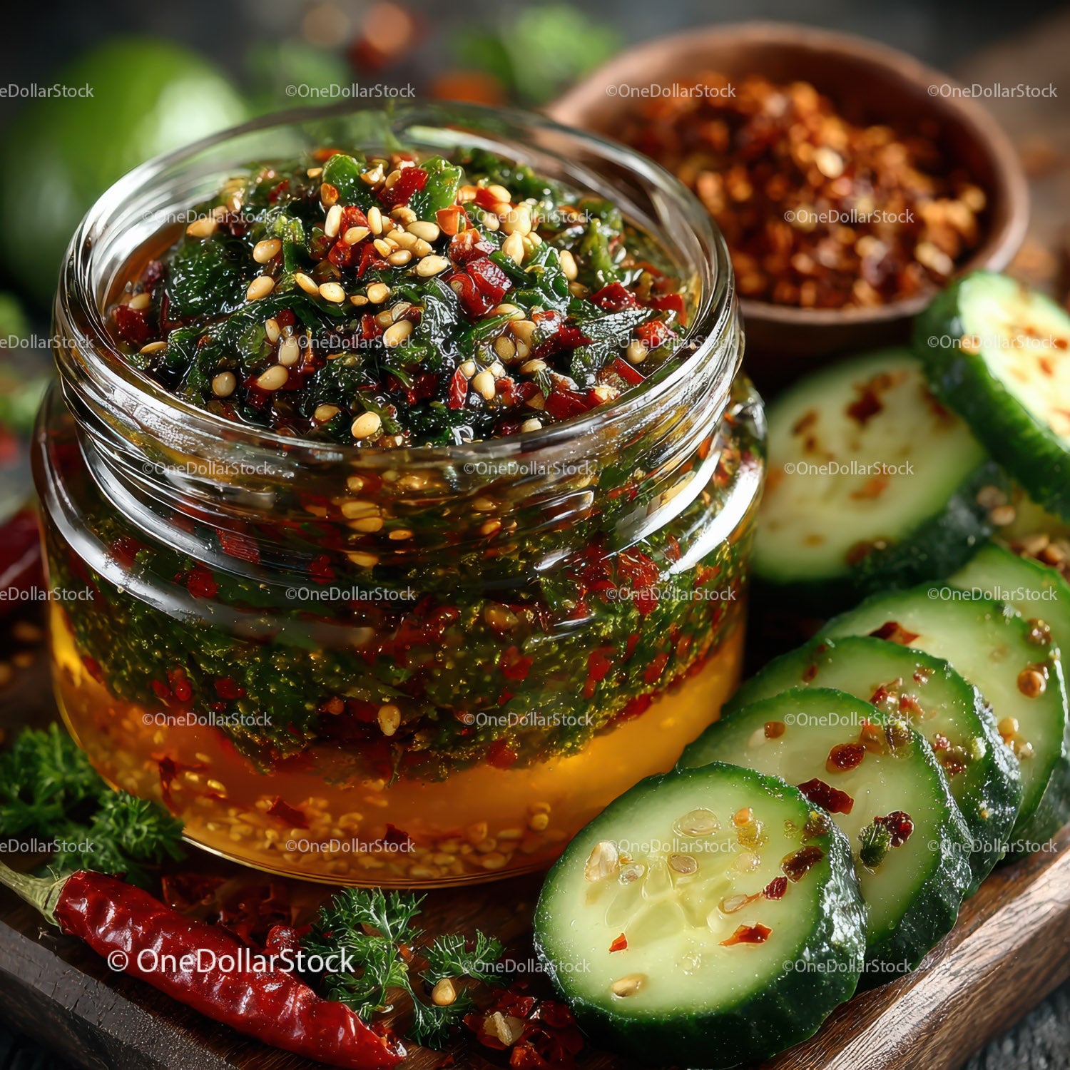 Vibrant Spicy Cucumber Kimchi in Glass Jar with Fresh Vegetables