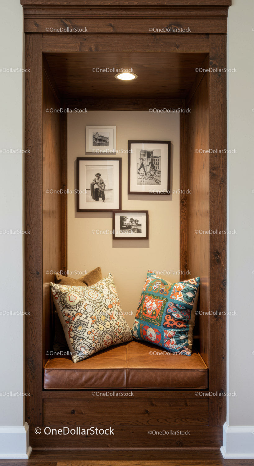 Wooden Nook with Framed Black and White Photos and Colorful Pillows