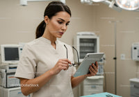 Healthcare Professional in Hospital Using Tablet with Medical Equipment