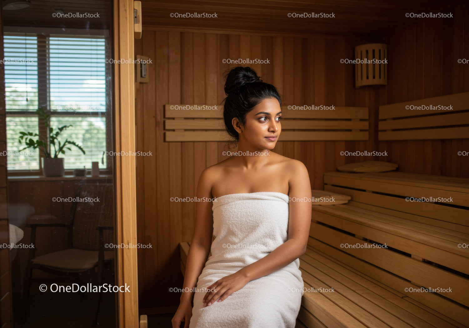 Young Woman Relaxing in Wooden Sauna with Towel Wrap