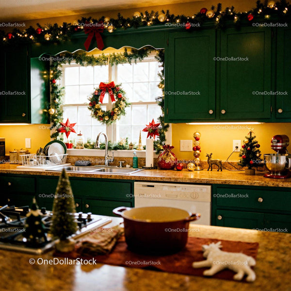 Cozy Green Kitchen Decorated for Warm Christmas Celebration