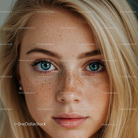 Close up portrait of young woman with freckles and blue eyes