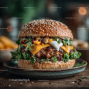 Gourmet Cheeseburger with Fresh Vegetables and Melty Cheese
