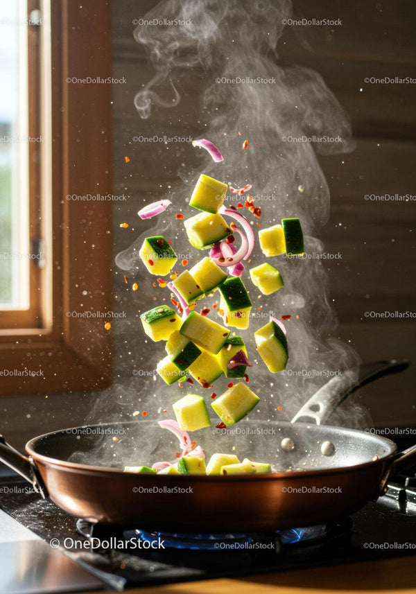 Fresh vegetables sizzling in a hot pan with steam