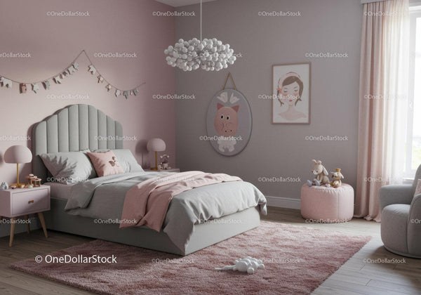 Urocza dziecięca sypialnia z różowym i szarym wystrojem oraz zabawnymi dodatkami