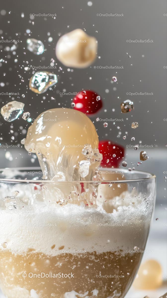 Creamy Dessert with Cherry and Ice Cubes Showing Splash Action