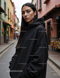 Fashionable Woman Wearing Black Hoodie in Urban City Street