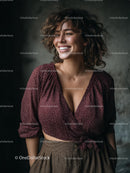 Smiling Woman with Curly Hair Wearing Stylish Casual Outfit