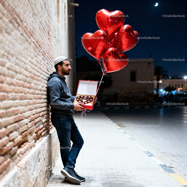 Man Holding Heart Balloons and Chocolates on Street