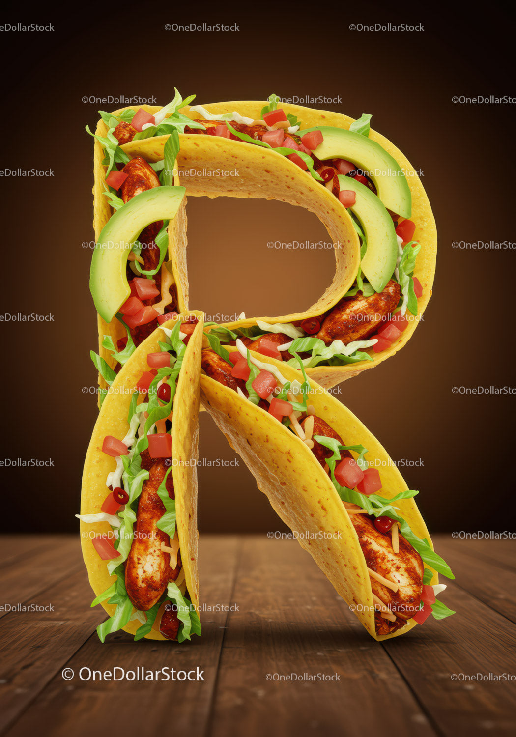 Litera R zrobiona ze świeżych tacos z kurczakiem i warzywami