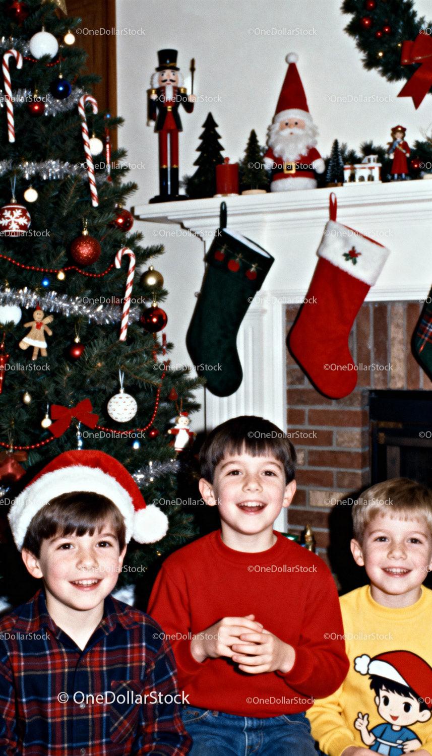 Three Happy Boys Celebrating Christmas at Home