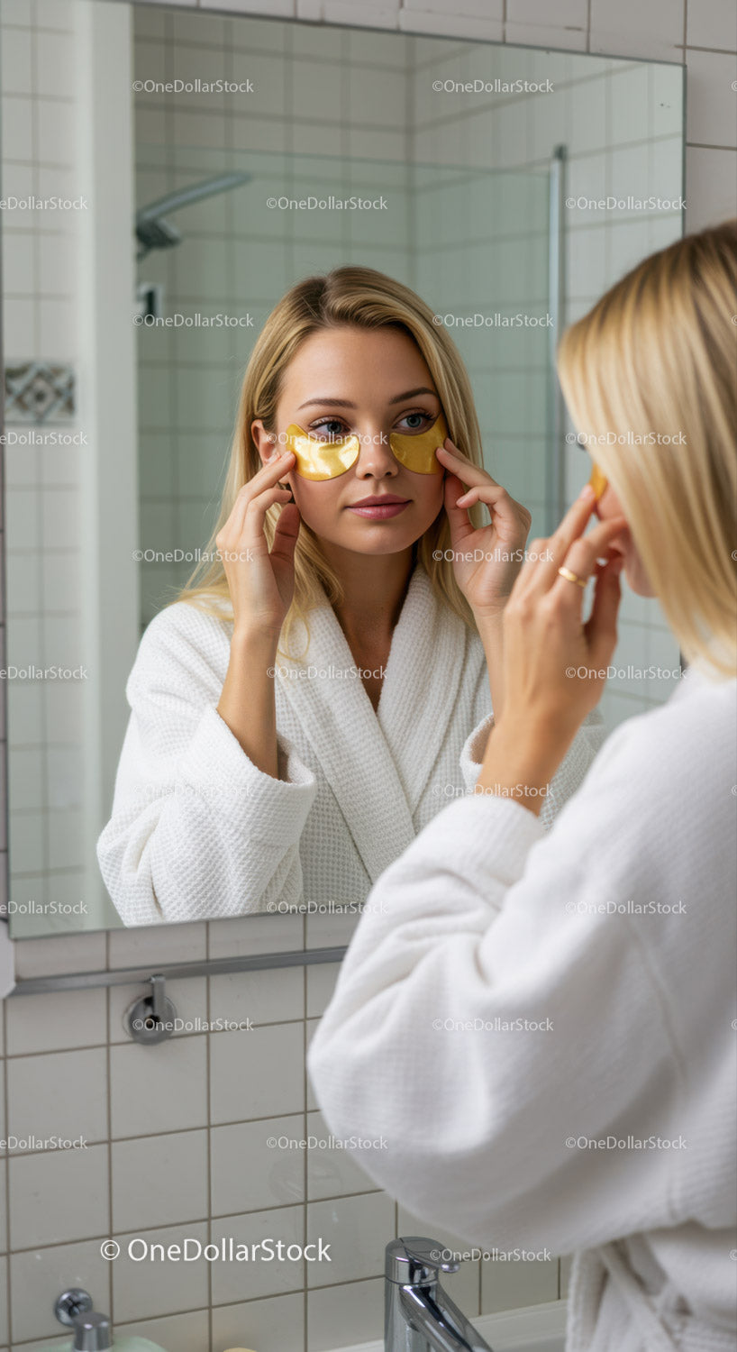 Young Woman Applying Eye Patches During Skincare Routine