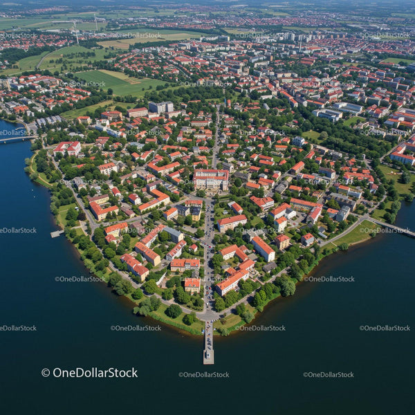 Aerial View of Lakeside Town with Red Roofs and Green Parks