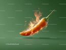 Fiery Orange Chili Pepper with Flame Effect on Green Background