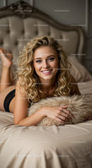 Smiling young woman with curly hair lounging on bed