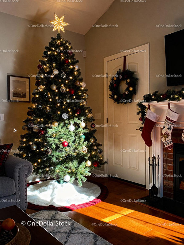Cozy Living Room with Festive Christmas Tree and Decorations