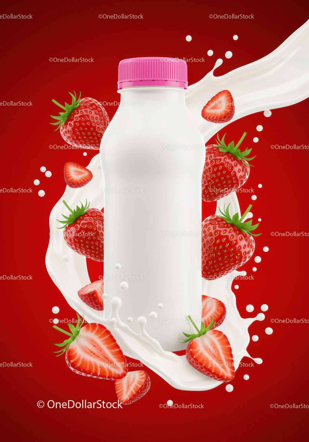Strawberry flavored milk bottle with fresh strawberries splash