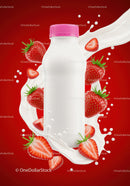 Strawberry flavored milk bottle with fresh strawberries splash