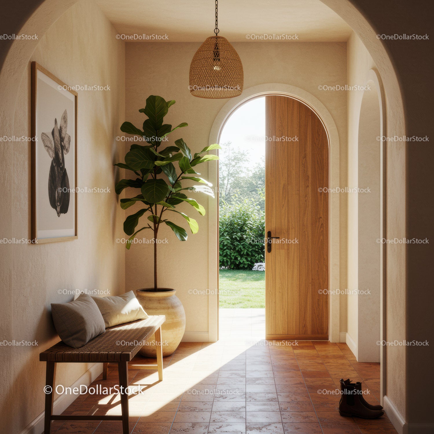 Bright Entrance Hall with Natural Light and Green Plant
