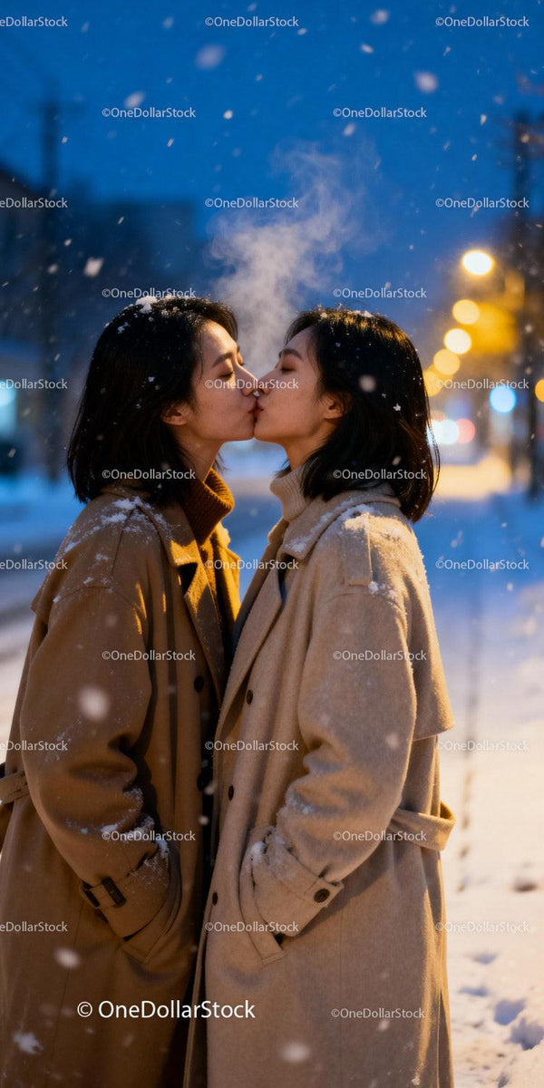 Couple sharing a tender kiss on a snowy winter evening