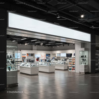 Modern electronics store interior with gadget displays
