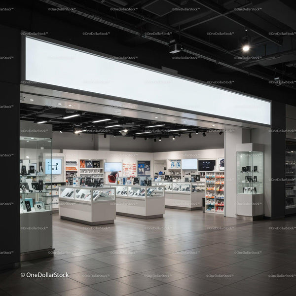 Modern electronics store interior with gadget displays JPG Mockup Image