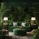 Elegant green living room with lush tropical plant wall