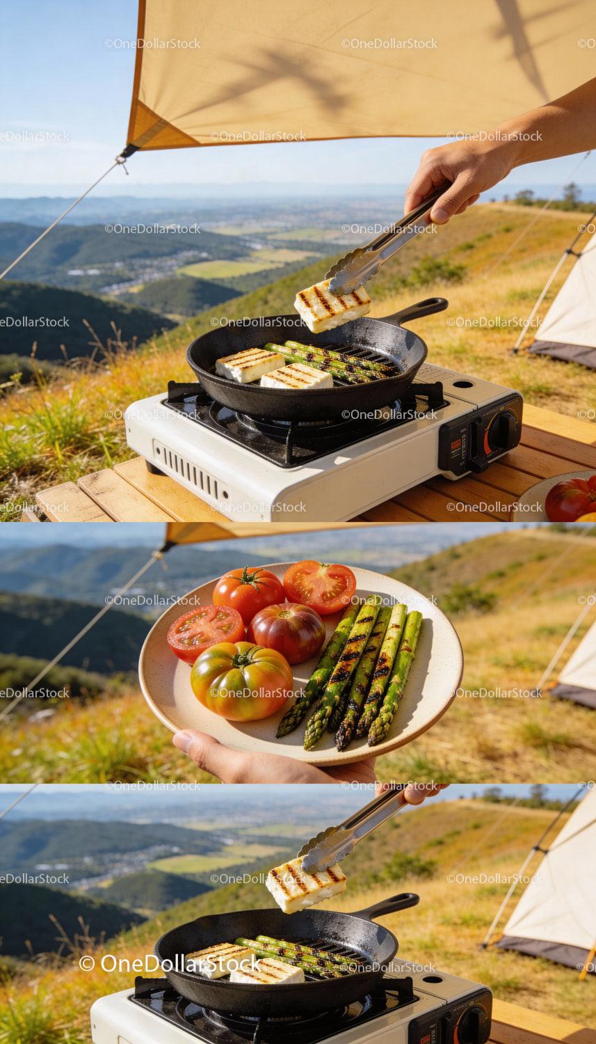 Grilling Halloumi and Asparagus with Fresh Tomatoes Outdoors