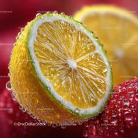 Fresh Lemon Slices with Water Droplets and Strawberries in Bright Background