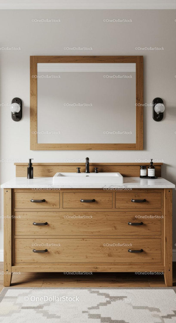 Contemporary Bathroom Vanity with Wooden Cabinet and Modern Mirror