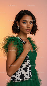 Elegant Model Wearing Green Feathered Dress with Cow Print Bag