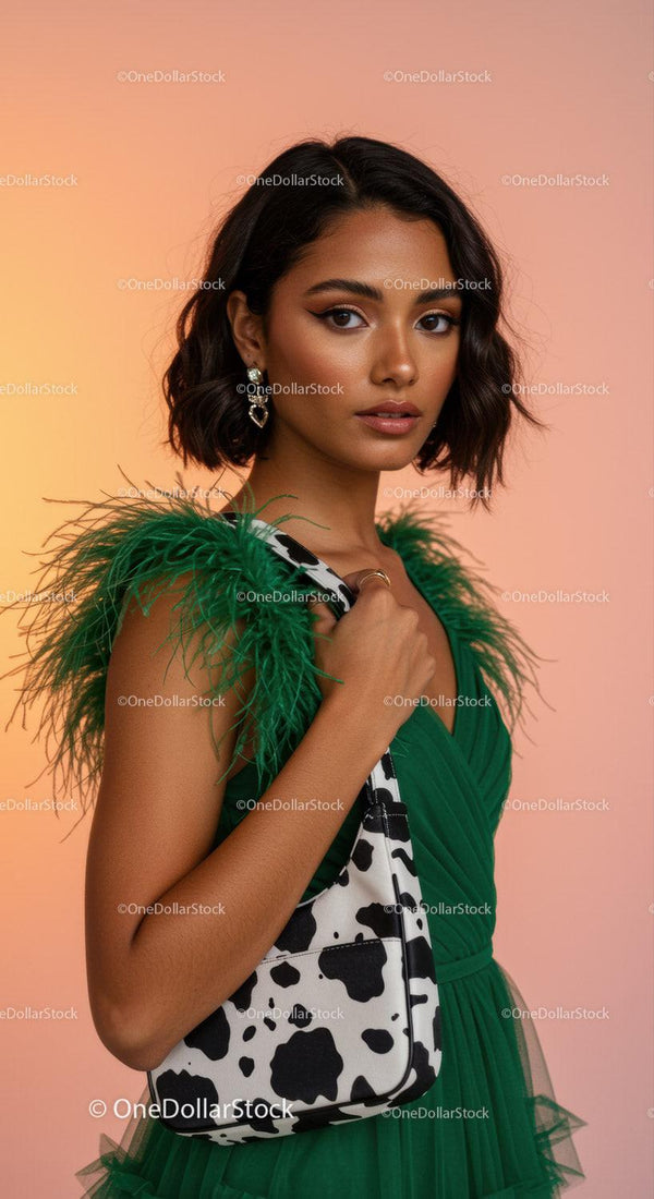 Elegant Model Wearing Green Feathered Dress with Cow Print Bag