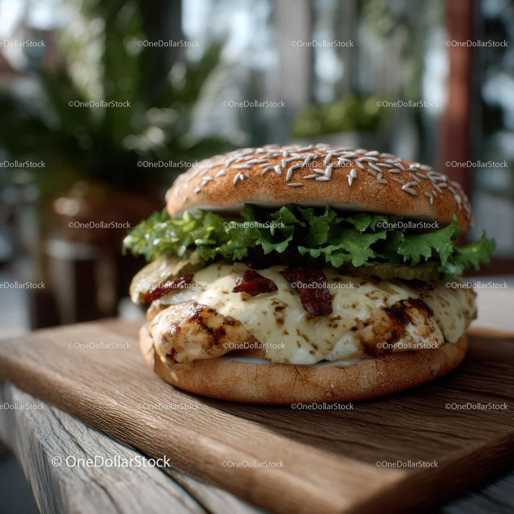 Wykwintny cheeseburger z kurczakiem, sałatą i boczkiem na drewnianej desce