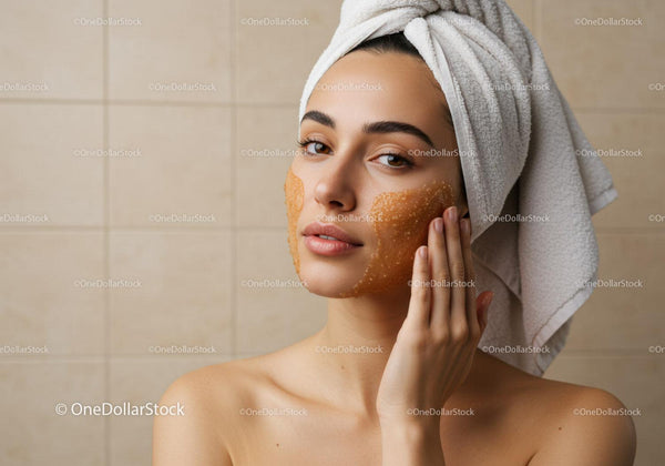 Young Woman Applying Gold Facial Mask in Spa Setting