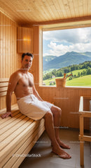 Man Relaxing in Sauna with Scenic Mountain View