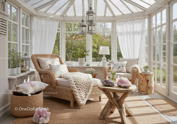 Cozy sunlit conservatory with wicker furniture and decor