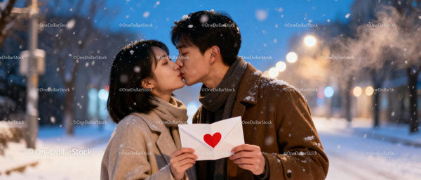 Couple sharing a romantic kiss on snowy evening with love letter