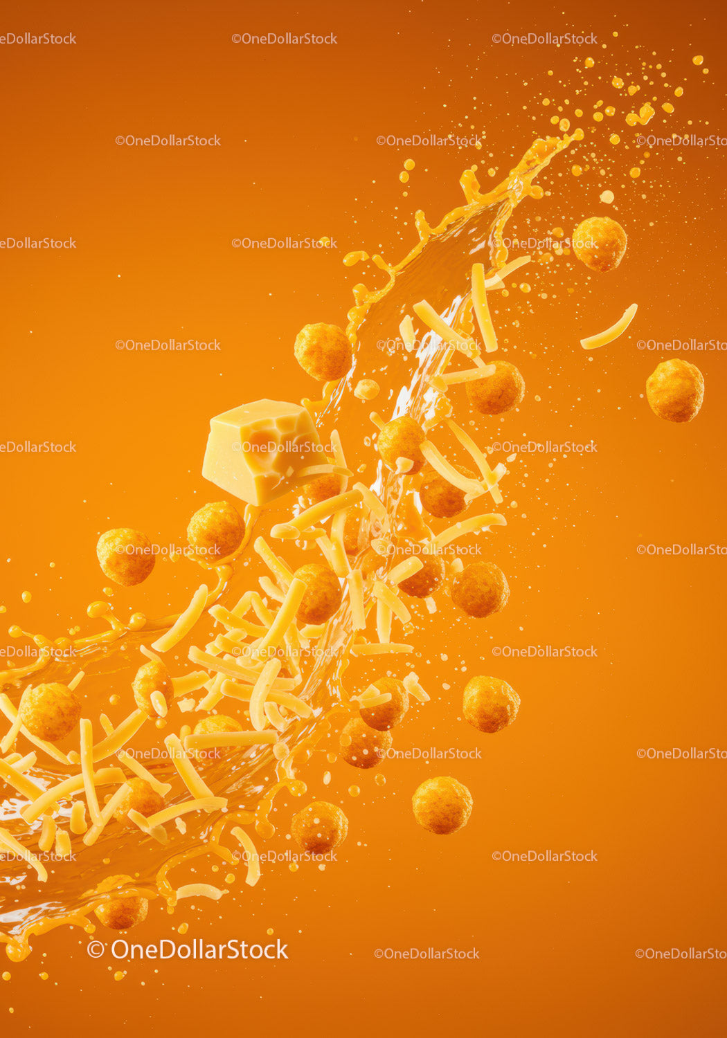 Cheese cubes and snacks with splashing sauce dynamic scene