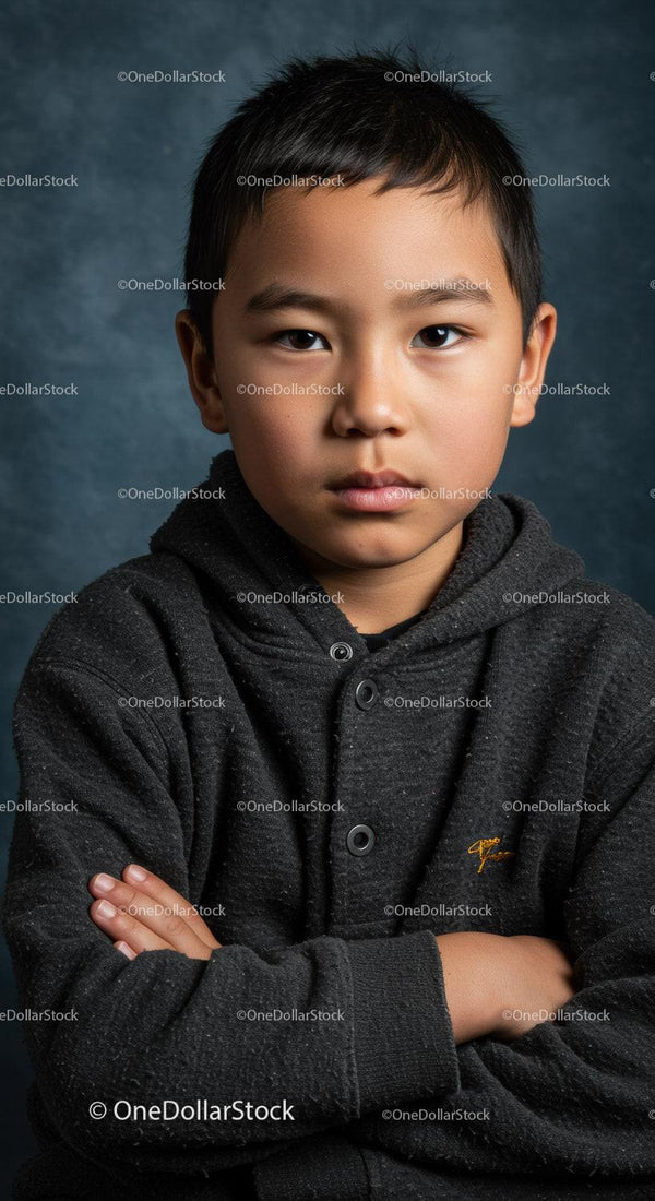Pewny siebie portret azjatyckiego chłopca w casualowej bluzie z ciemnym tłem