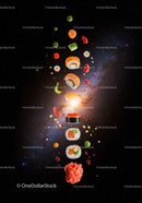 Floating sushi and ingredients on cosmic background