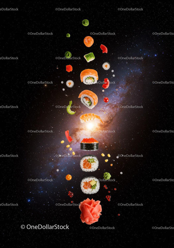 Floating sushi and ingredients on cosmic background
