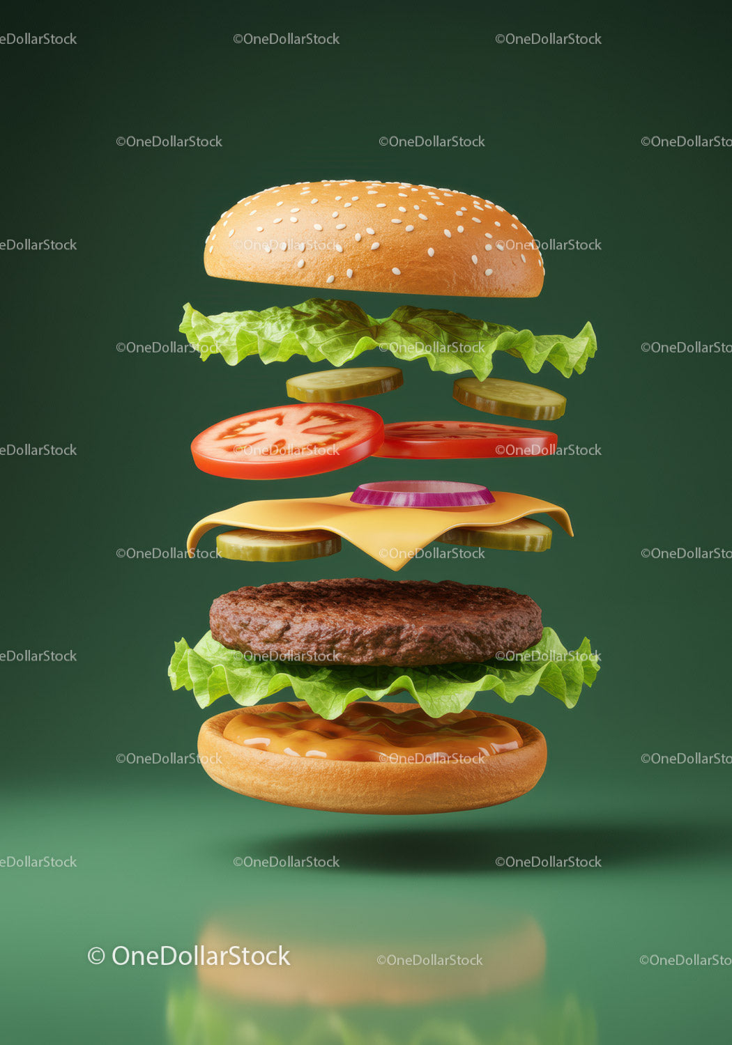 Deconstructed cheeseburger floating with fresh ingredients